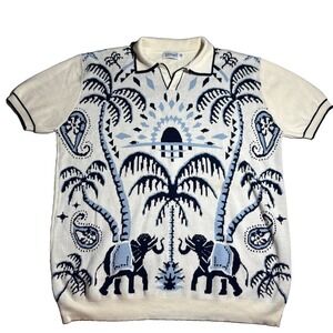 Oxknit Men's Size XXL White Blue Elephant & Palm Tree Jacquard Polo Knit Sweater